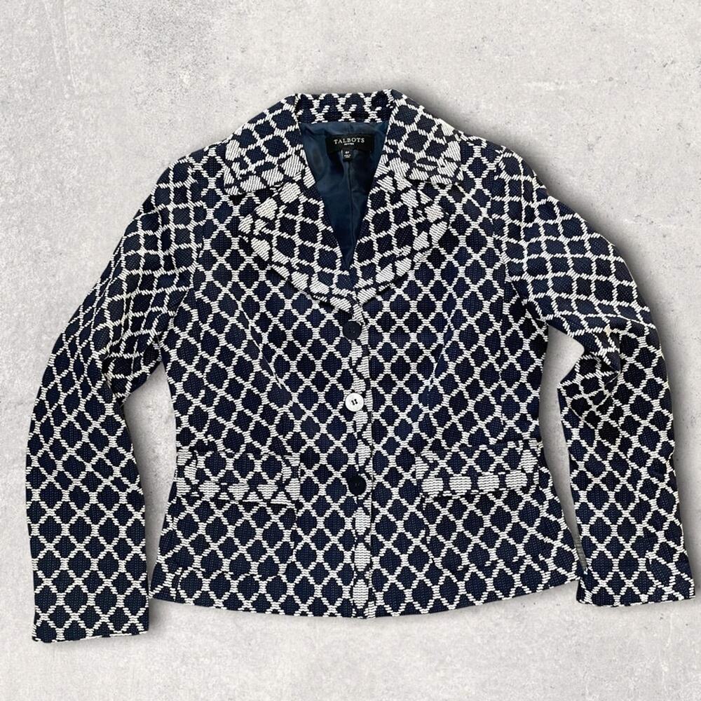 TALBOTS COTTON GEOMETRIC BLAZER JACKET BLUE WHITE 6p